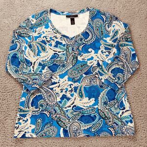 Karen Scott Petites PL Jersey Top V Neck 3/4 Sleeve Stretch Blue Tan Tear Drop
